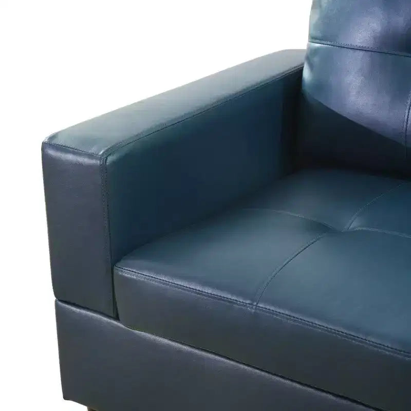 Canapé sectionnel en similicuir semi-PU bleu - Design moderne en L, coussins capitonnés, pouf de rangement, décoration intérieure contemporaine
