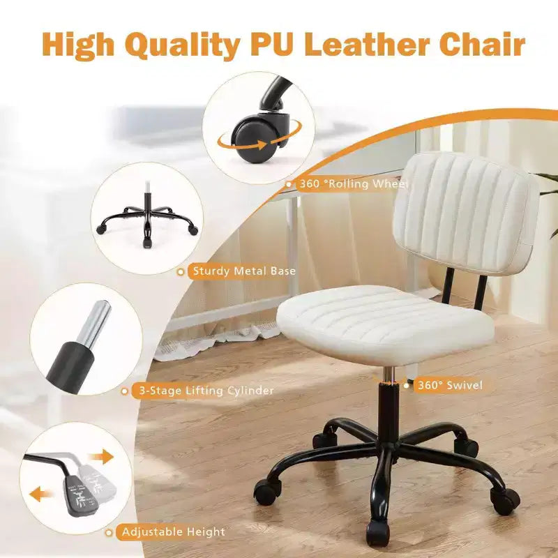 Chaise de bureau pivotante à roulettes : Hauteur réglable, Sans accoudoirs, Rotation à 360°