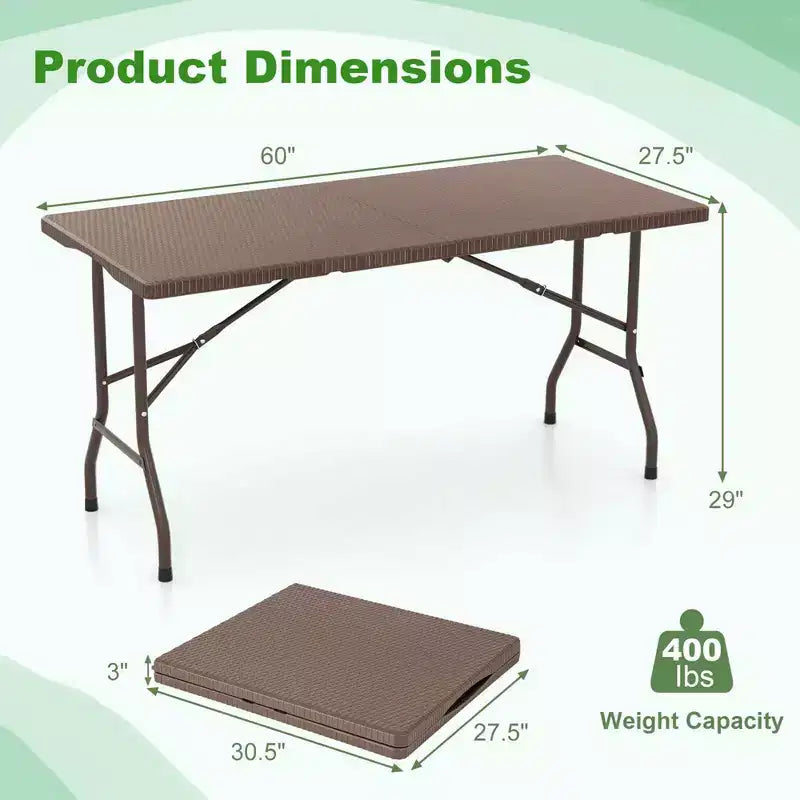 Costway Table de Pique-Nique Pliante 152 cm, Table à Manger d'Extérieur avec Plateau en PEHD Effet Rotin Marron/Noir
