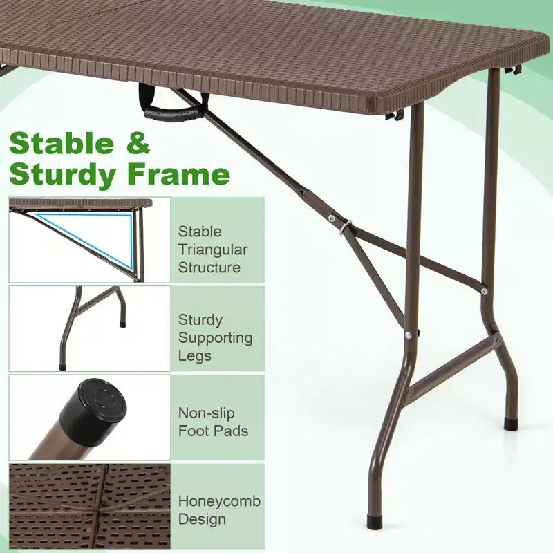 Costway Table de Pique-Nique Pliante 152 cm, Table à Manger d'Extérieur avec Plateau en PEHD Effet Rotin Marron/Noir