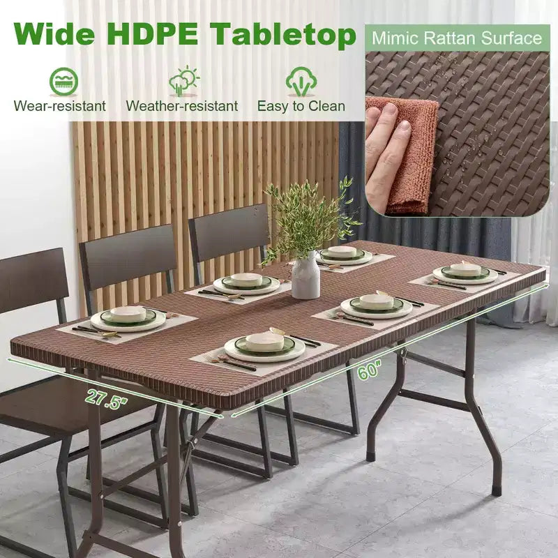 Costway Table de Pique-Nique Pliante 152 cm, Table à Manger d'Extérieur avec Plateau en PEHD Effet Rotin Marron/Noir