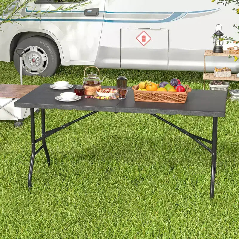 Costway Table de Pique-Nique Pliante 152 cm, Table à Manger d'Extérieur avec Plateau en PEHD Effet Rotin Marron/Noir