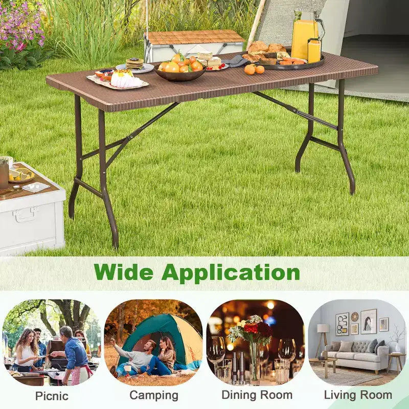 Costway Table de Pique-Nique Pliante 152 cm, Table à Manger d'Extérieur avec Plateau en PEHD Effet Rotin Marron/Noir