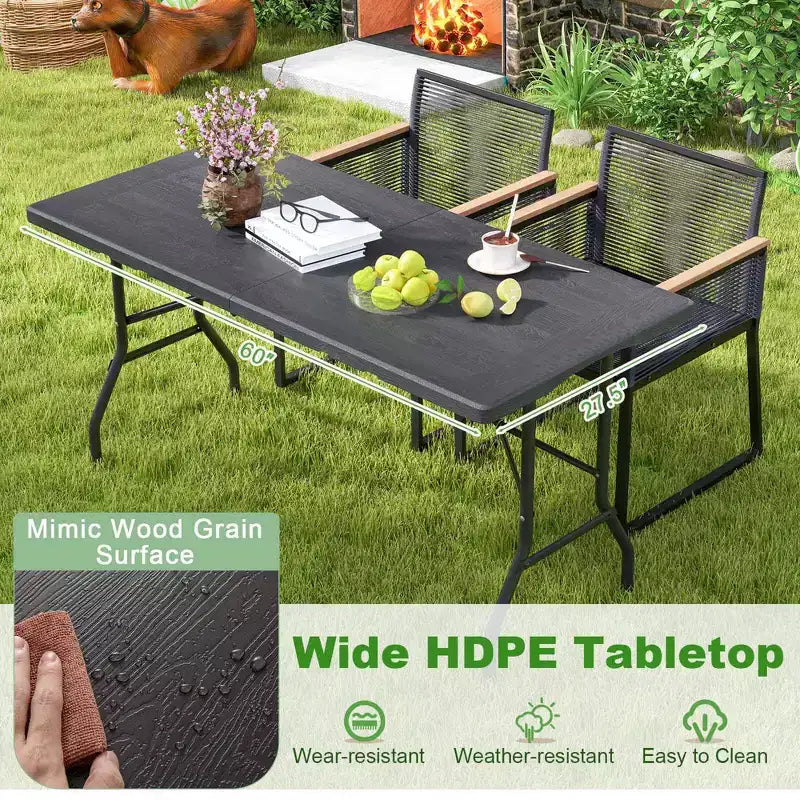 Costway Table de Pique-Nique Pliante 152 cm, Table à Manger d'Extérieur avec Plateau en PEHD Effet Rotin Marron/Noir