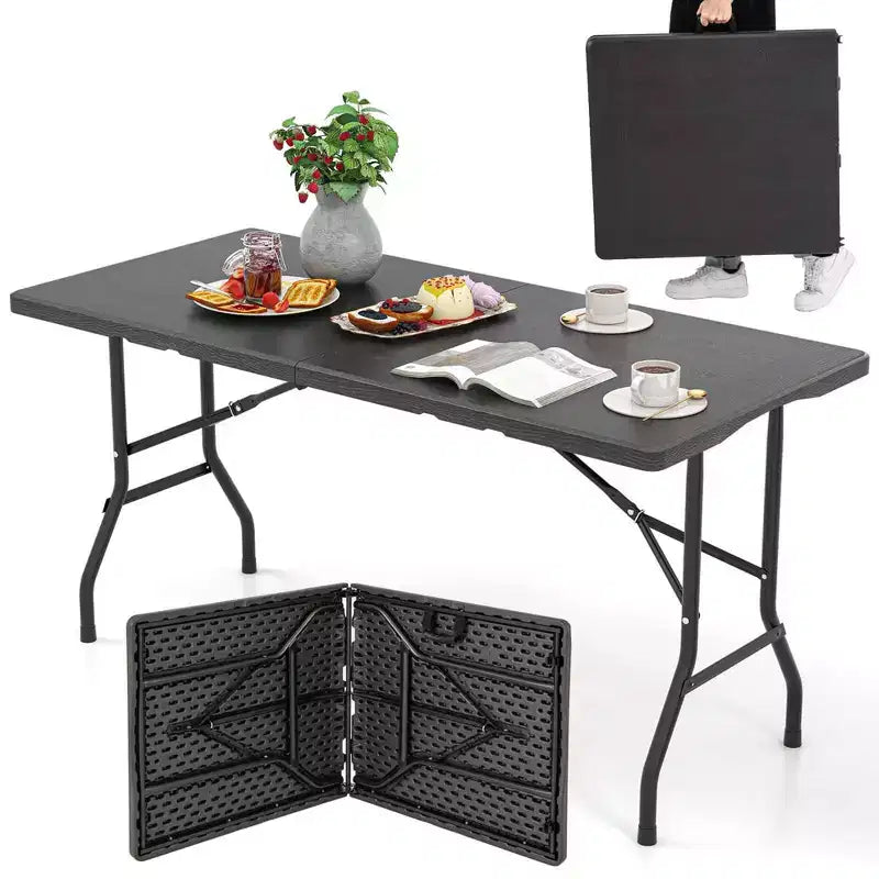 Costway 5 ft Folding Picnic Table Outdoor Dining Table with Rattan Grain HDPE Tabletop Brown/Black