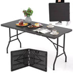 Costway 5 ft Folding Picnic Table Outdoor Dining Table with Rattan Grain HDPE Tabletop Brown/Black