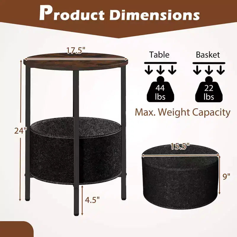 Costway Table d'appoint ronde 1/2 pièce avec panier de rangement en feutre, cadre métallique robuste, parfaite pour la chambre à coucher