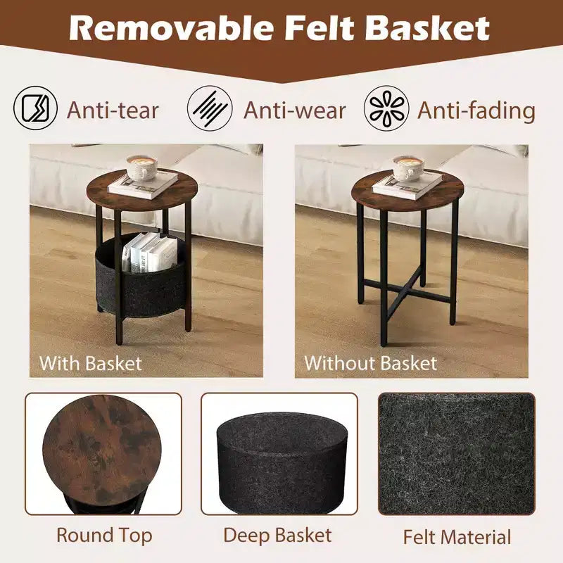 Costway Table d'appoint ronde 1/2 pièce avec panier de rangement en feutre, cadre métallique robuste, parfaite pour la chambre à coucher
