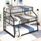 Triple Bunk Bed with Twin XL, Full XL, and Queen Sizes, Metal Bunk Bed Frame with Ladder and Full-Length Guardrails -HABITRIO