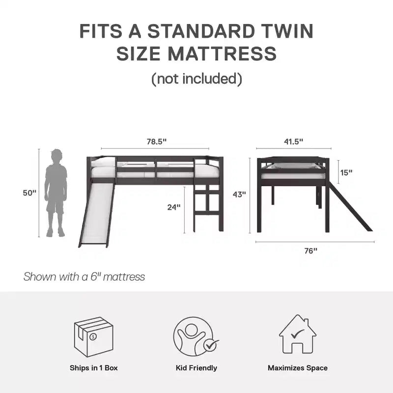 Lit mezzanine junior DHP Milton pour enfants avec toboggan