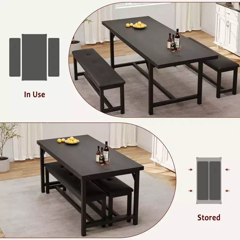 Ensemble de table à manger pour 4-6 personnes, grande table de cuisine en bois extensible pour 6 personnes, ensemble de table de cuisine rectangulaire avec 2 bancs rembourrés