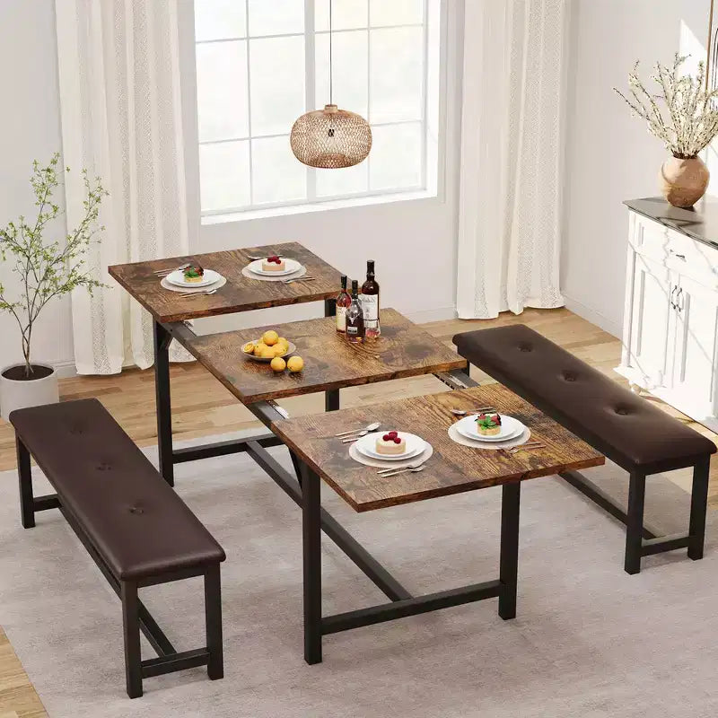 Ensemble de table à manger pour 4-6 personnes, grande table de cuisine en bois extensible pour 6 personnes, ensemble de table de cuisine rectangulaire avec 2 bancs rembourrés