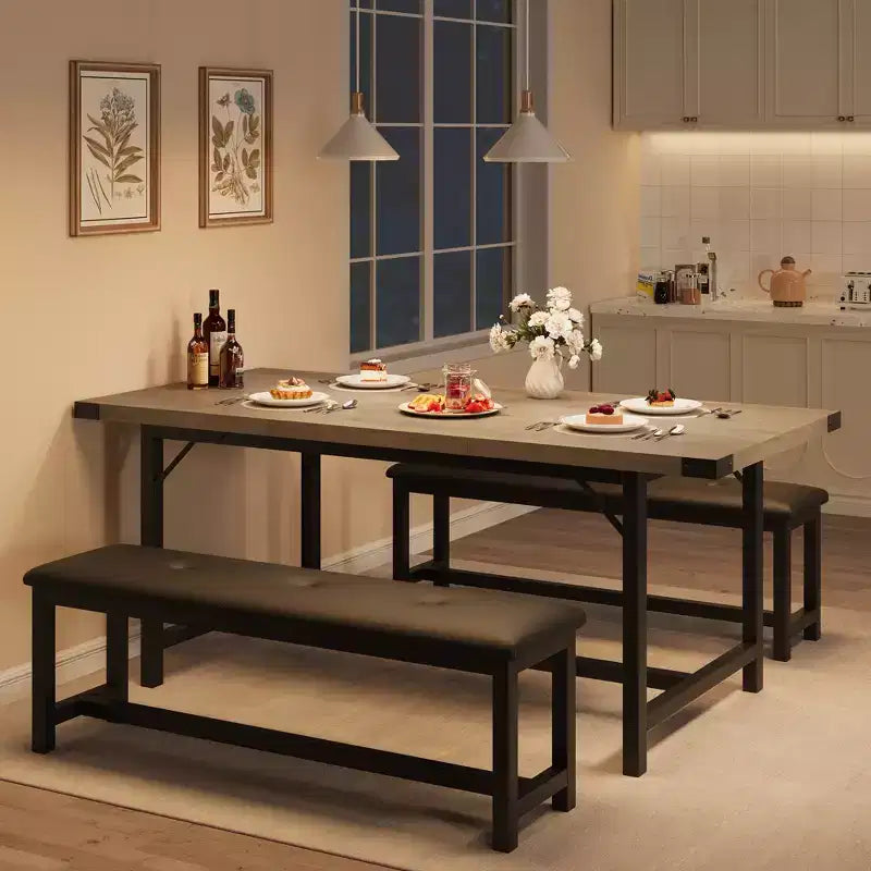 Ensemble de table à manger pour 4-6 personnes, grande table de cuisine en bois extensible pour 6 personnes, ensemble de table de cuisine rectangulaire avec 2 bancs rembourrés