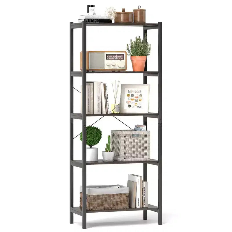 Costway 1/2 PCS 5-Tier Bookshelf Bookcase with Metal Frame & Dual Anti-Tipping Kits Storage Rack