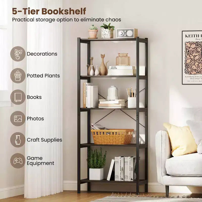 Costway Lot de 1 ou 2 Bibliothèques à 5 Étages avec Cadre Métallique et Double Dispositif Anti-Basculement Étagère de Rangement
