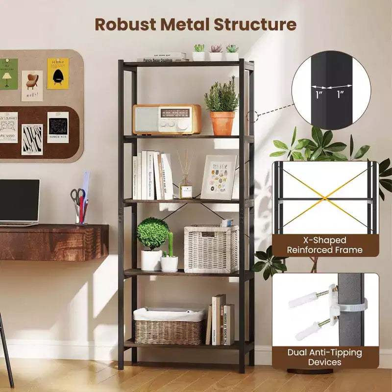 Costway Lot de 1 ou 2 Bibliothèques à 5 Étages avec Cadre Métallique et Double Dispositif Anti-Basculement Étagère de Rangement