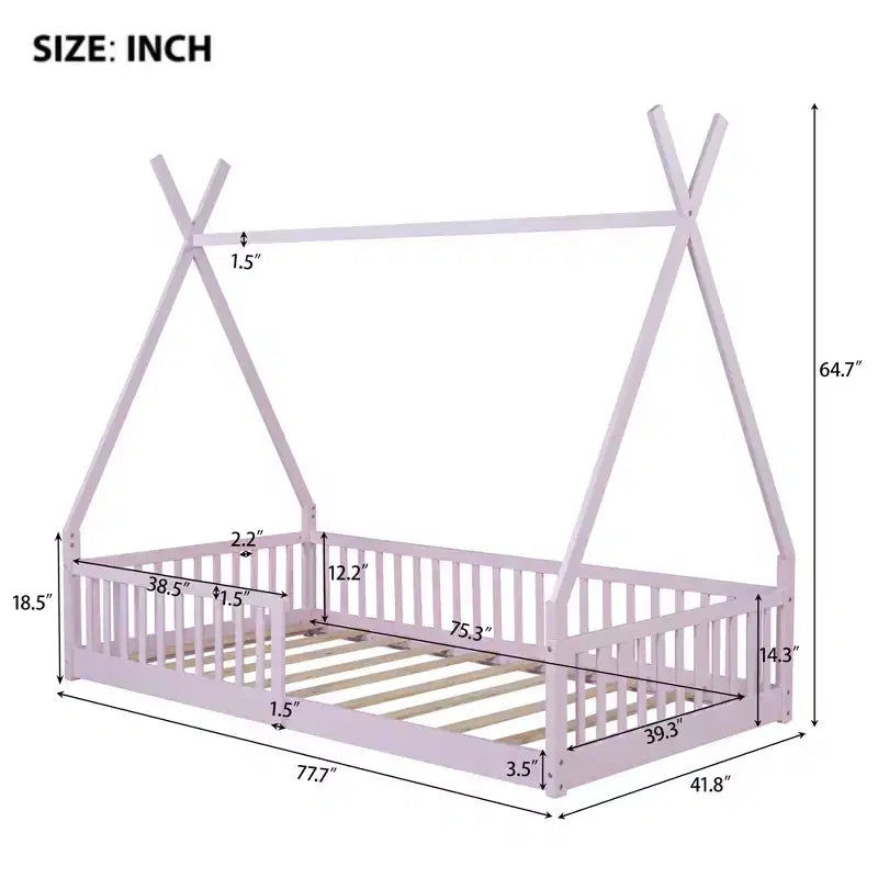 Lit cabane Montessori en bois Whisen, taille jumeau, lit plateforme en forme de maison avec barrière