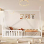 Lit cabane Montessori en bois Whisen, taille jumeau, lit plateforme en forme de maison avec barrière