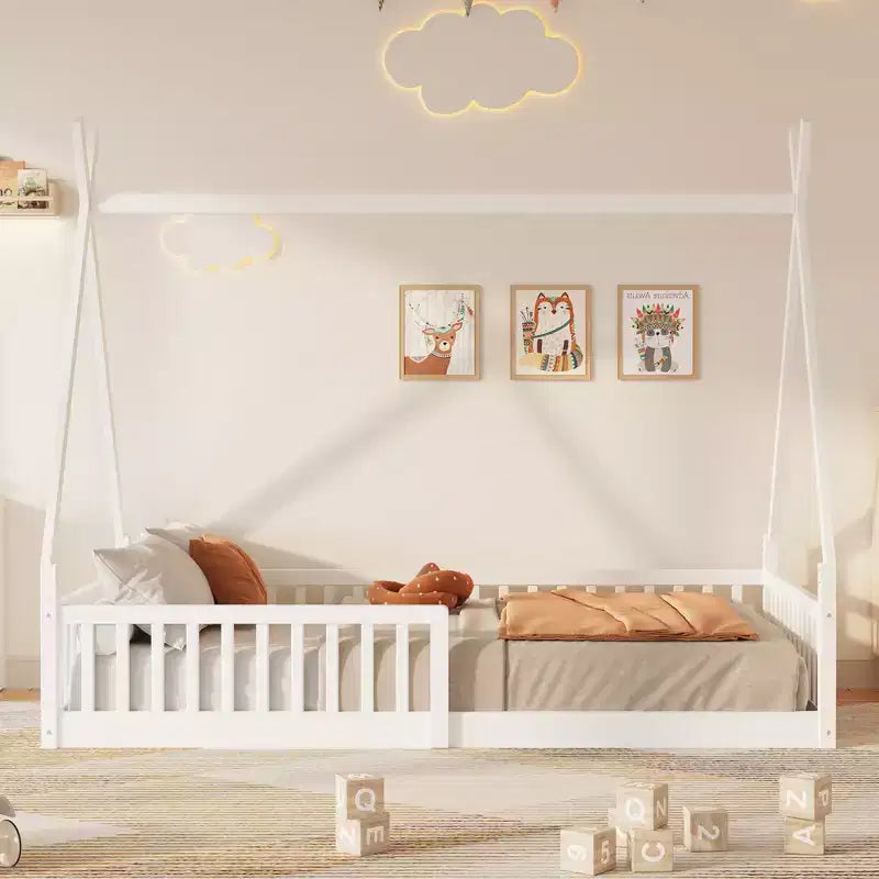 Lit cabane Montessori en bois Whisen, taille jumeau, lit plateforme en forme de maison avec barrière