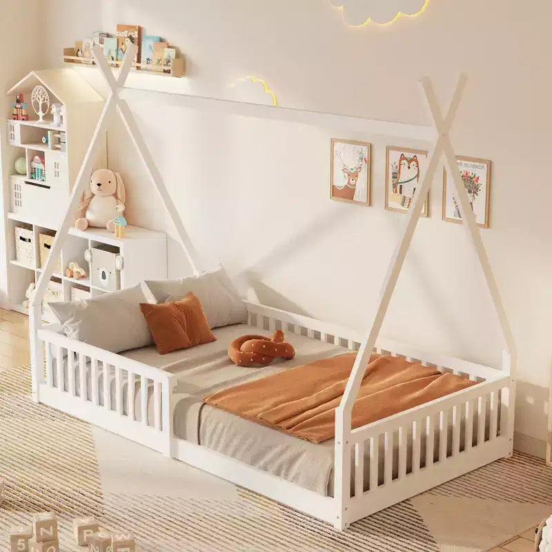 Lit cabane Montessori en bois Whisen, taille jumeau, lit plateforme en forme de maison avec barrière
