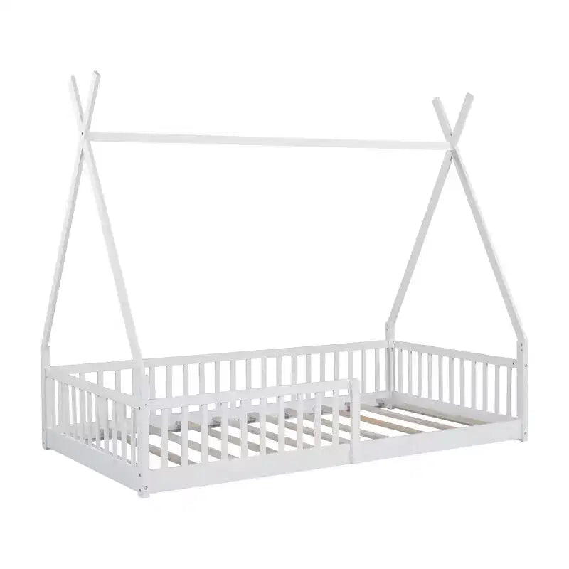 Lit cabane Montessori en bois Whisen, taille jumeau, lit plateforme en forme de maison avec barrière