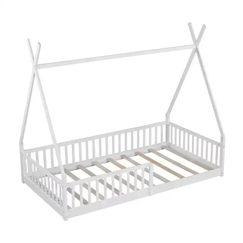 Lit cabane Montessori en bois Whisen, taille jumeau, lit plateforme en forme de maison avec barrière