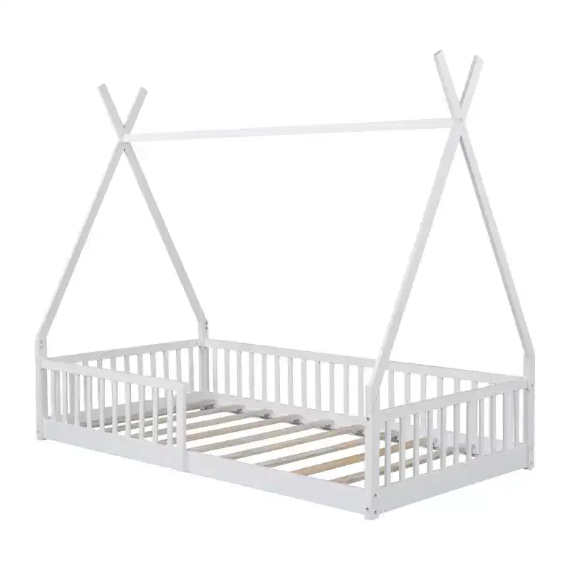 Lit cabane Montessori en bois Whisen, taille jumeau, lit plateforme en forme de maison avec barrière