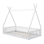Lit cabane Montessori en bois Whisen, taille jumeau, lit plateforme en forme de maison avec barrière