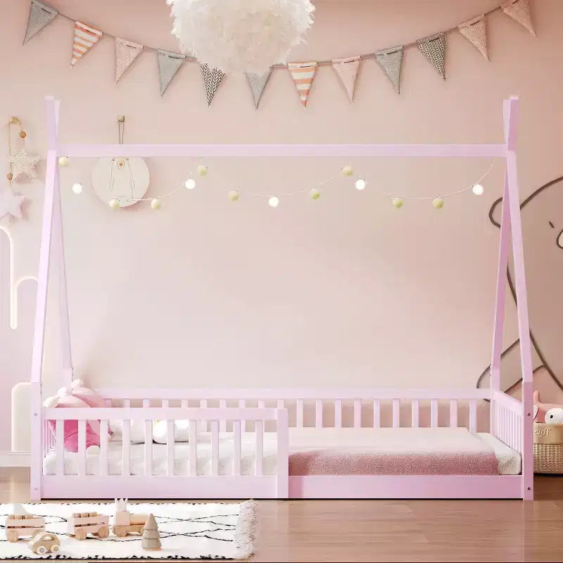 Lit cabane Montessori en bois Whisen, taille jumeau, lit plateforme en forme de maison avec barrière
