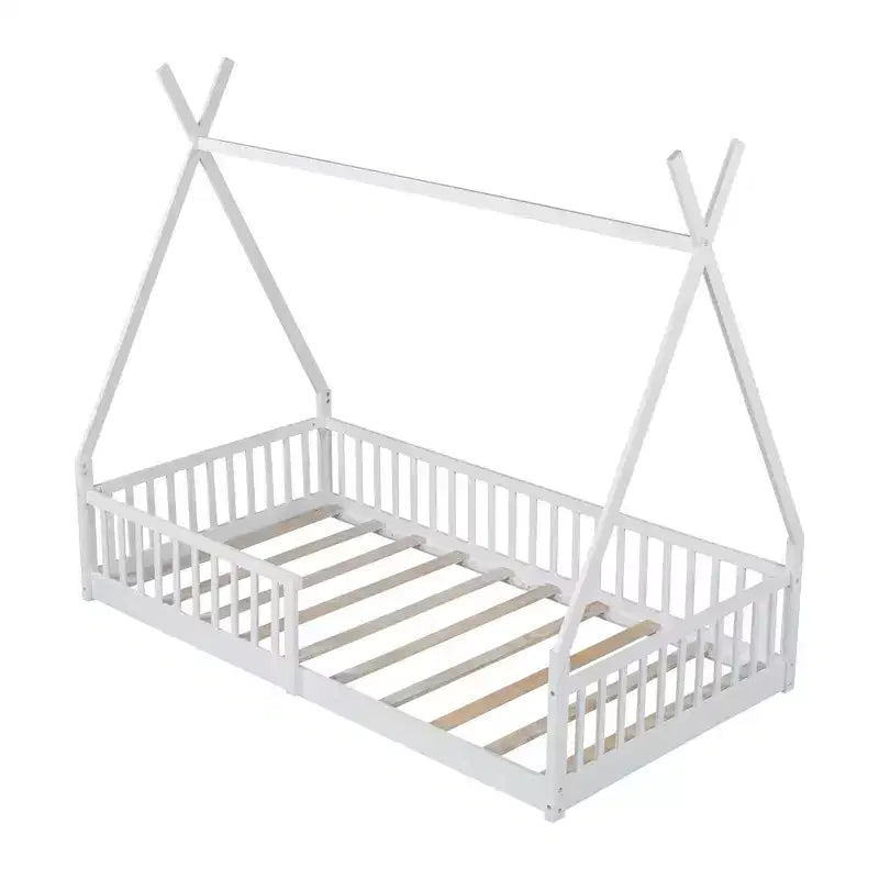 Lit cabane Montessori en bois Whisen, taille jumeau, lit plateforme en forme de maison avec barrière
