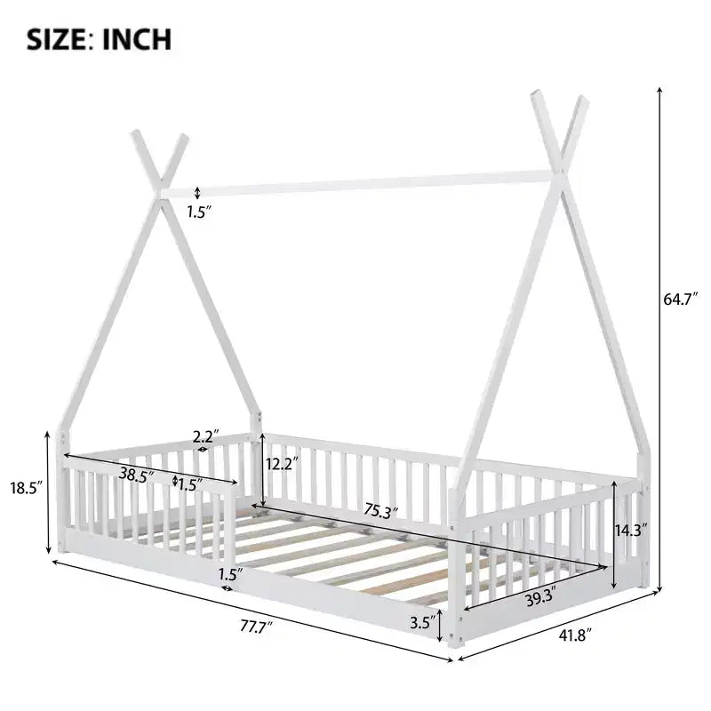 Lit cabane Montessori en bois Whisen, taille jumeau, lit plateforme en forme de maison avec barrière