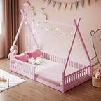 Lit cabane Montessori en bois Whisen, taille jumeau, lit plateforme en forme de maison avec barrière