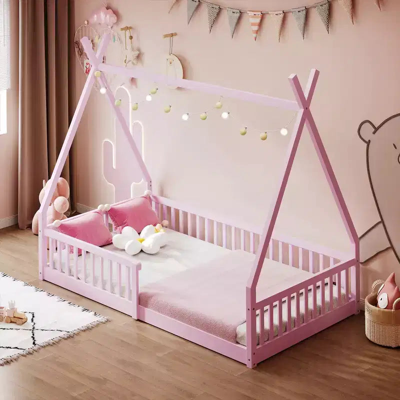 Lit cabane Montessori en bois Whisen, taille jumeau, lit plateforme en forme de maison avec barrière