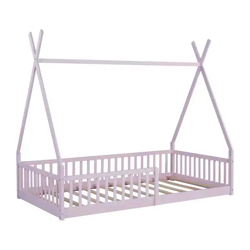 Lit cabane Montessori en bois Whisen, taille jumeau, lit plateforme en forme de maison avec barrière