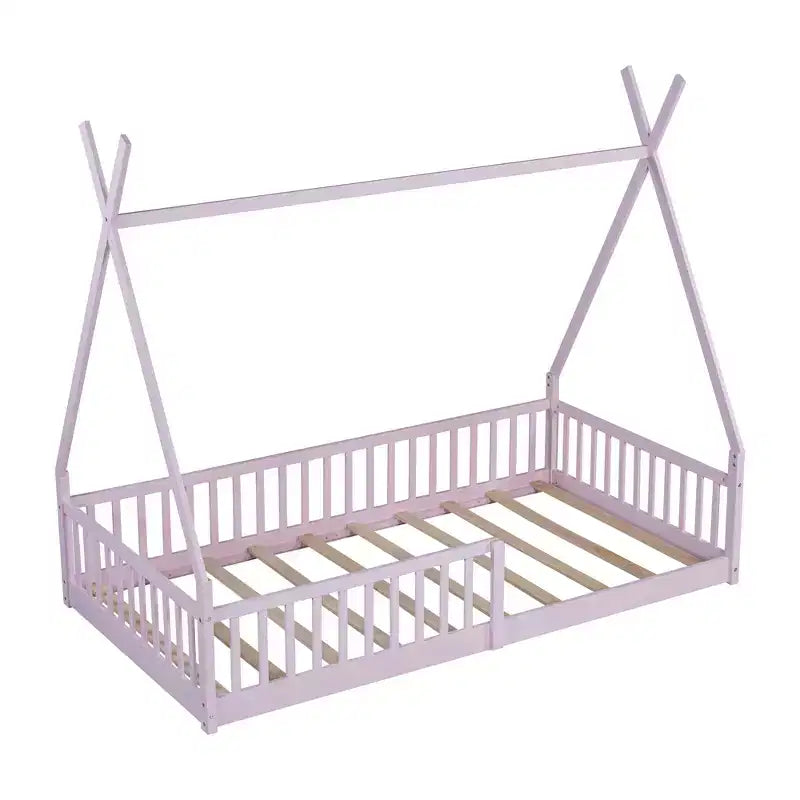 Lit cabane Montessori en bois Whisen, taille jumeau, lit plateforme en forme de maison avec barrière