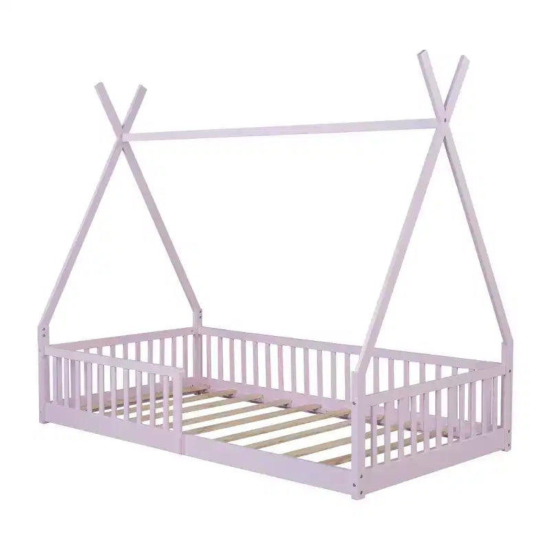 Lit cabane Montessori en bois Whisen, taille jumeau, lit plateforme en forme de maison avec barrière