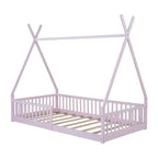 Lit cabane Montessori en bois Whisen, taille jumeau, lit plateforme en forme de maison avec barrière