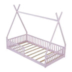 Lit cabane Montessori en bois Whisen, taille jumeau, lit plateforme en forme de maison avec barrière