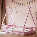Whisen Twin Size Wood Montessori House Floor Bed, House-shaped Frame Platform Bed with Fence