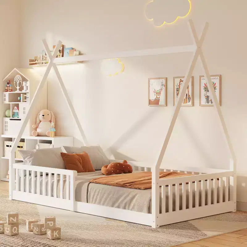 Lit cabane Montessori en bois Whisen, taille jumeau, lit plateforme en forme de maison avec barrière