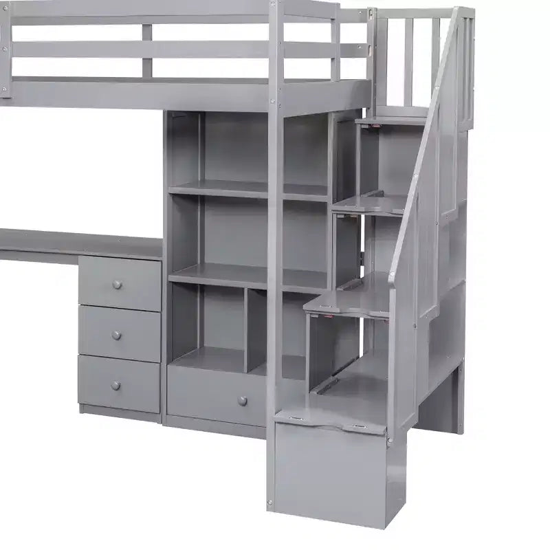 Lit mezzanine en bois Whisen 94,4''L*57,4''l avec bureau en L et tiroirs, armoire et escalier de rangement