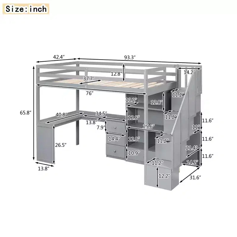Lit mezzanine en bois Whisen 94,4''L*57,4''l avec bureau en L et tiroirs, armoire et escalier de rangement