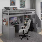 Lit mezzanine en bois Whisen 94,4''L*57,4''l avec bureau en L et tiroirs, armoire et escalier de rangement