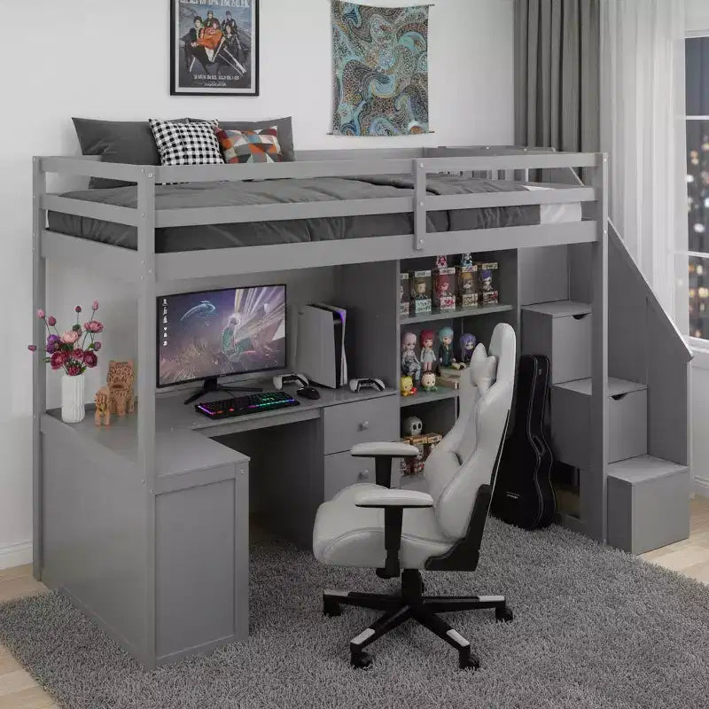 Lit mezzanine en bois Whisen 94,4''L*57,4''l avec bureau en L et tiroirs, armoire et escalier de rangement