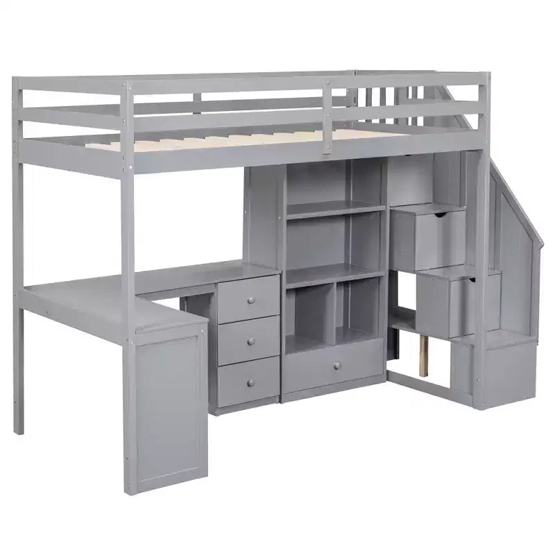 Lit mezzanine en bois Whisen 94,4''L*57,4''l avec bureau en L et tiroirs, armoire et escalier de rangement