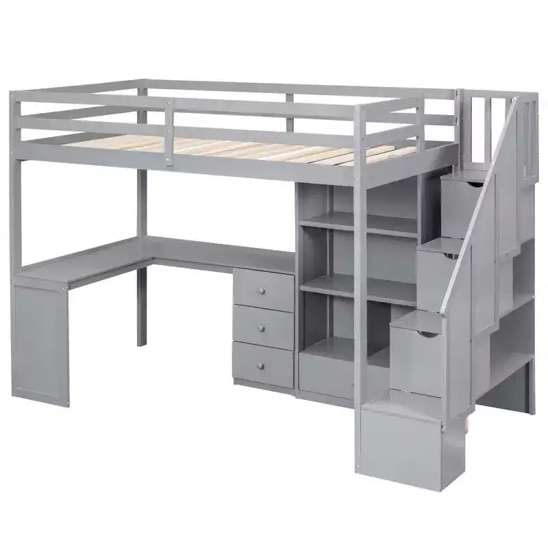 Lit mezzanine en bois Whisen 94,4''L*57,4''l avec bureau en L et tiroirs, armoire et escalier de rangement
