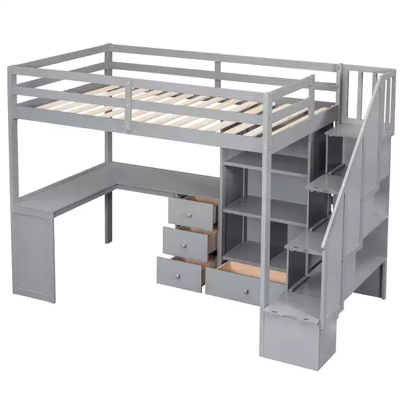 Lit mezzanine en bois Whisen 94,4''L*57,4''l avec bureau en L et tiroirs, armoire et escalier de rangement