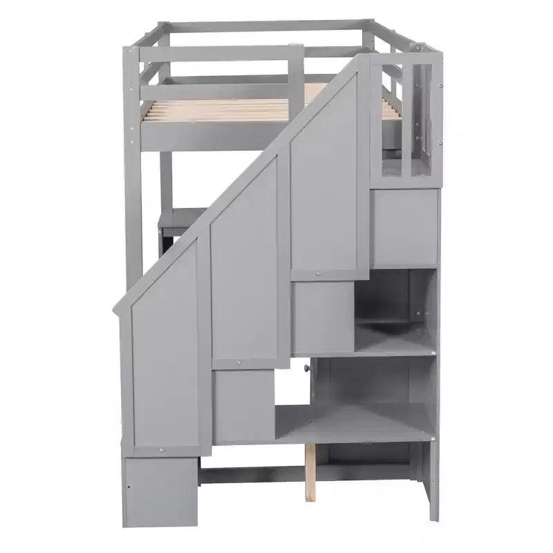 Lit mezzanine en bois Whisen 94,4''L*57,4''l avec bureau en L et tiroirs, armoire et escalier de rangement