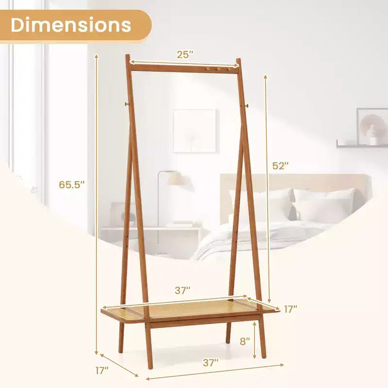 Portant à vêtements en bambou Costway avec tringle, étagère en rotin et 5 crochets en cuivre – café/naturel