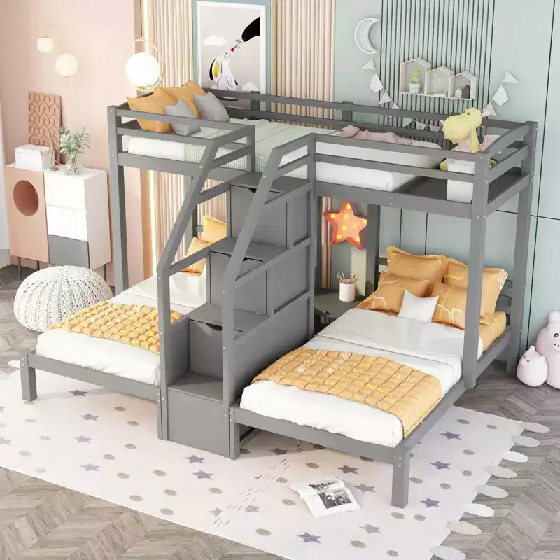 Whisen Twin over Twin & Twin Bunk Bed with Upper Storage Board and Built-in Storage Staircase and Small Drawers - Gray